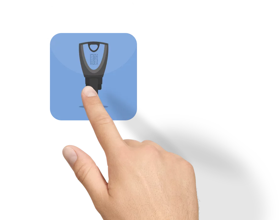 Zutrittsorganisation Produkt blueCompact App Teaser Hand blaues Schluesselsymbol 