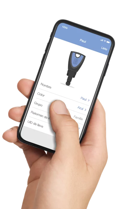 Zutrittsorganisation Produkt blueCompact Smartphone in einer Hand App spanisch